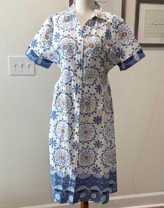 Elegant Blue and White Floral Midi Dress Sz XL Cotton Retro Cottagecore Casual